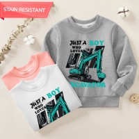 【12M-9Y】Boy Letter And Excavator Print Cotton Stain Resistant Long Sleeve Sweatshirt
